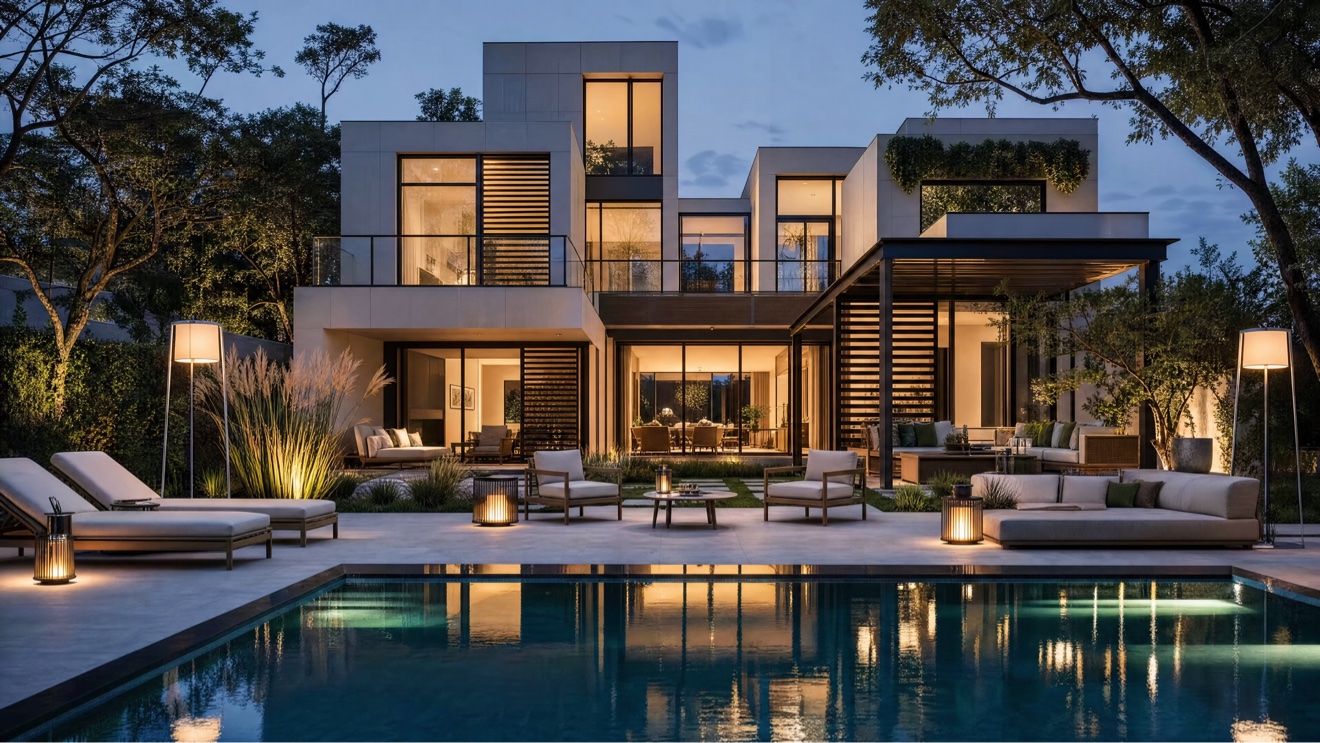 Amber Cove Residences at dusk: the stacked stone and glass volumes glowing above the pool terrace, with loungers and lantern-lit outdoor seating