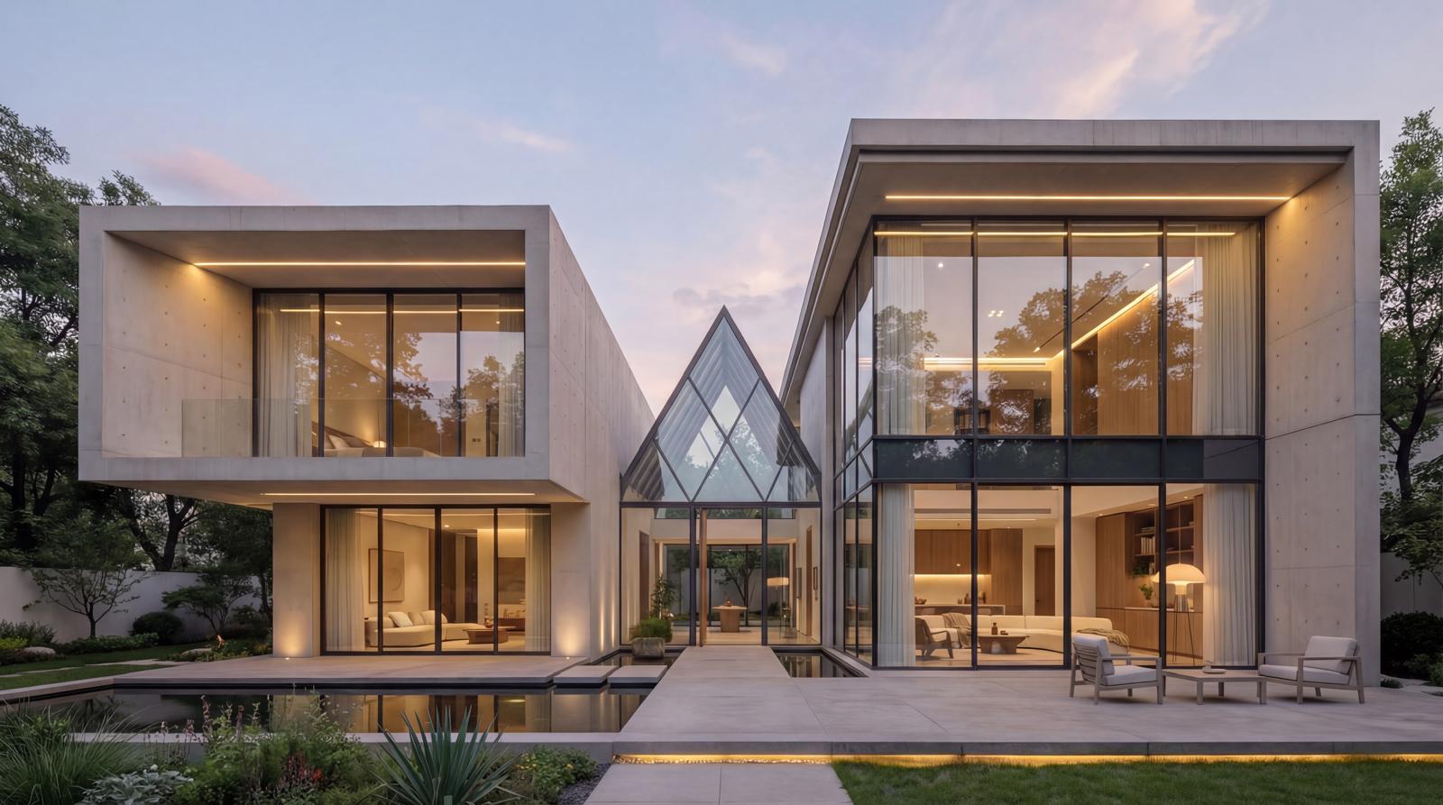Clear Water Bay residence front elevation at dusk: two concrete volumes linked by a glazed gable above a reflecting pool
