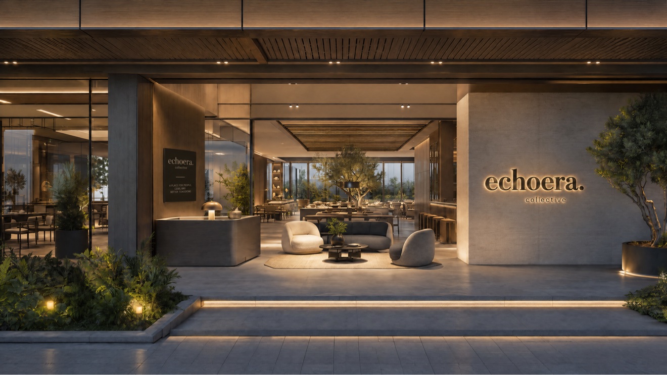Echoera arrival court at dusk: the illuminated ECHOERA sign, a stone reception desk and lounge seating opening into the dining hall