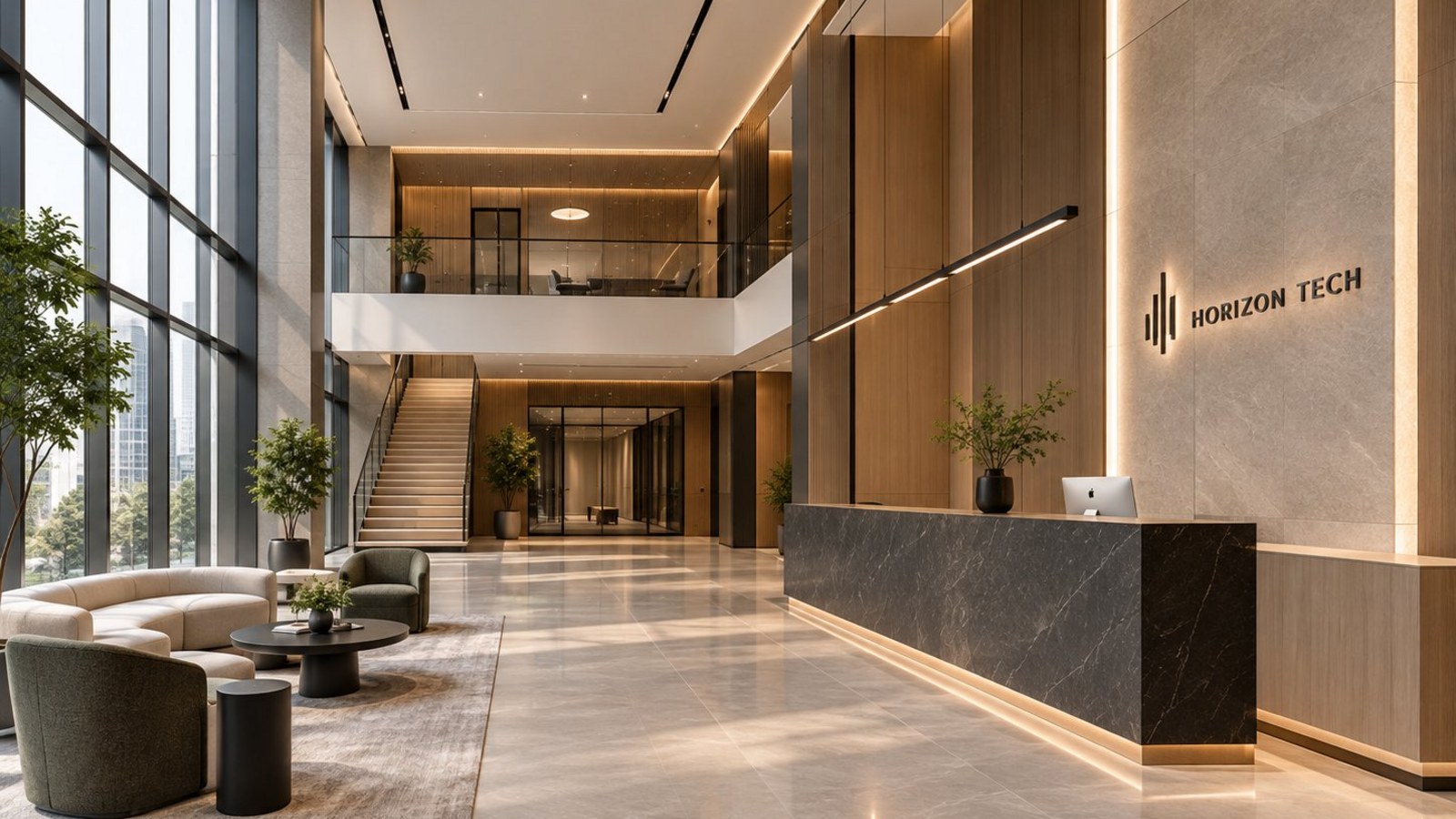 Horizon Tech reception: the illuminated Horizon Tech sign on a stone wall above a black marble desk, with lounge seating along full-height windows