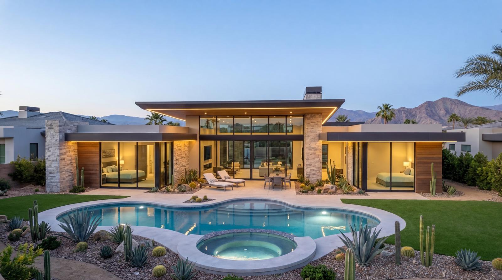 Las Vegas residence front elevation at dusk: a symmetrical stone and glass facade glowing above the pool and circular spa, with desert planting and mountains beyond