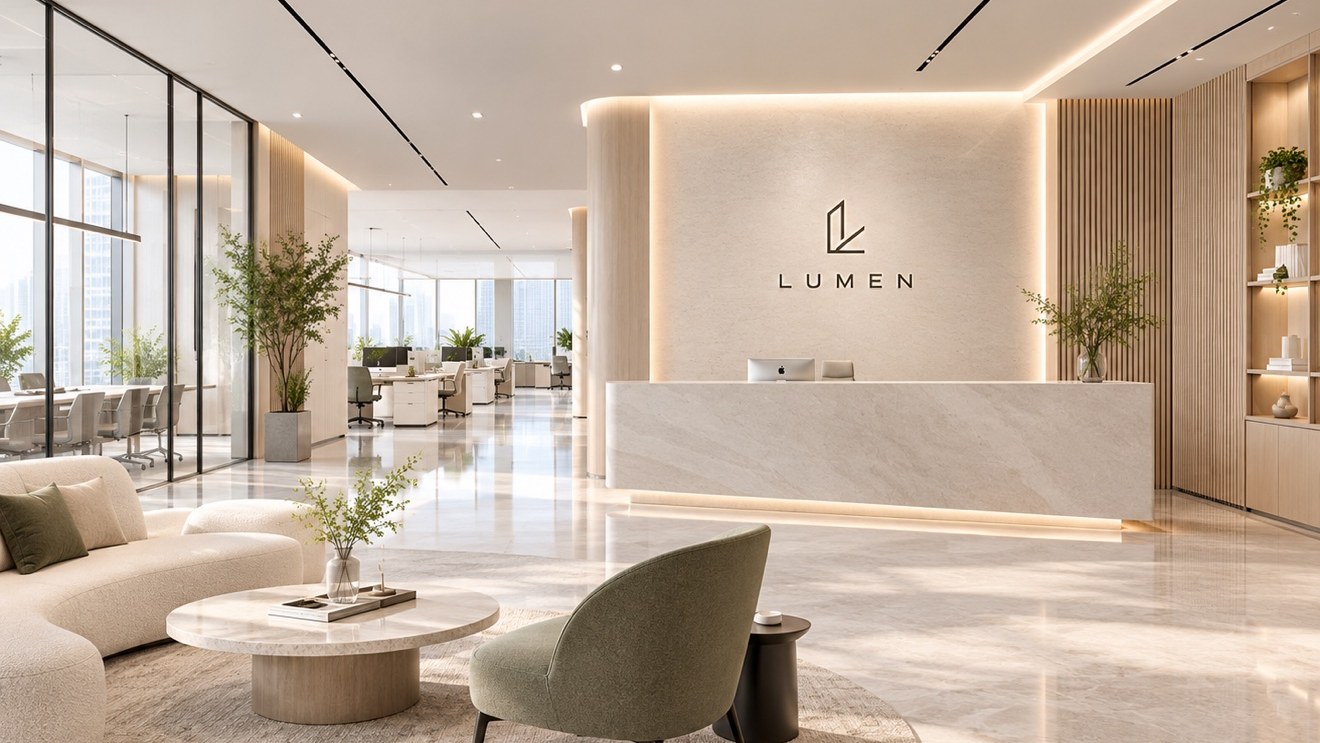 Lumen HQ reception: a stone desk beneath the illuminated Lumen sign, with lounge seating in the foreground and the open work floor beyond