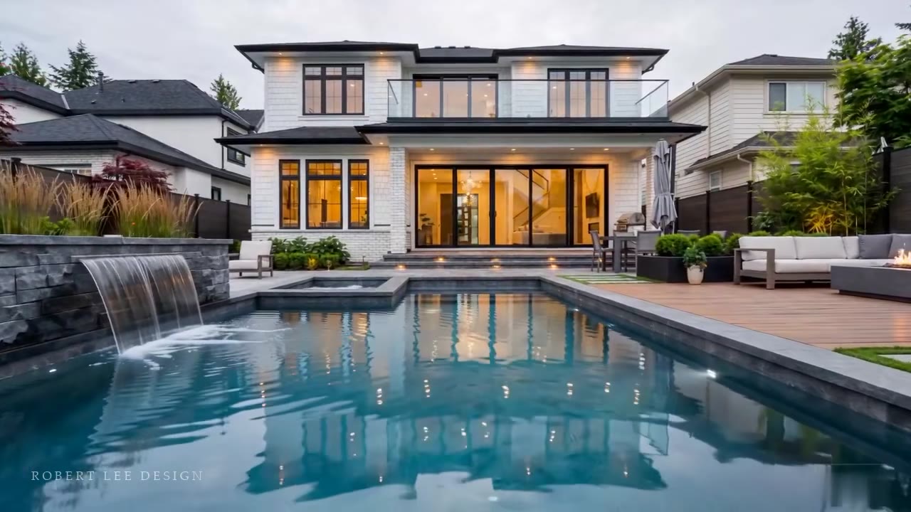 Rear garden of a white stone residence with pool, water wall and outdoor deck