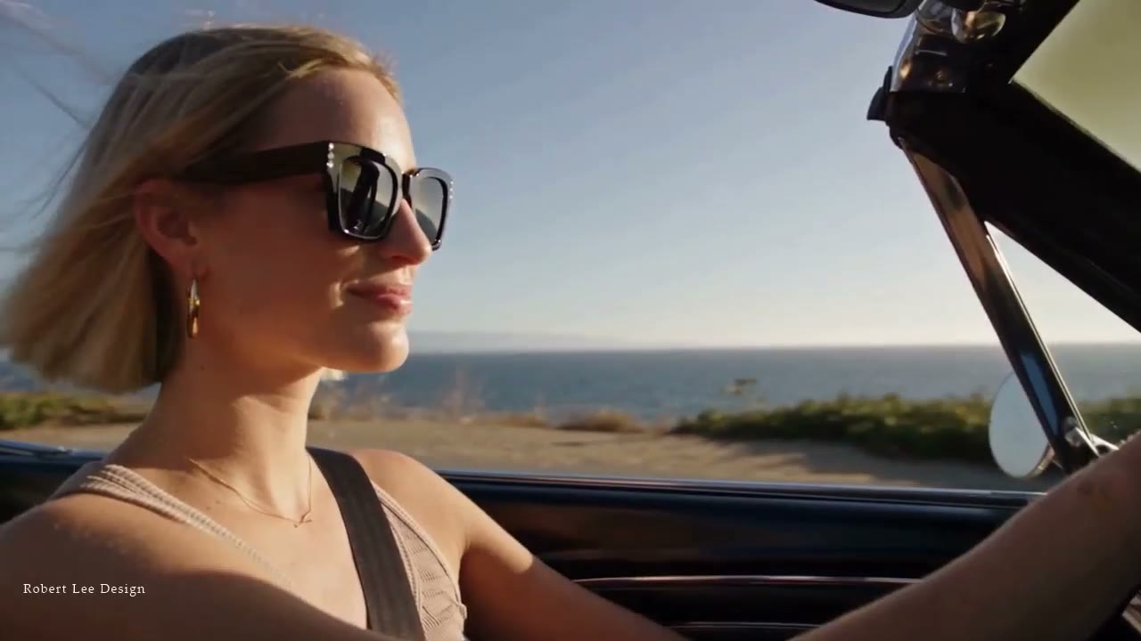 NOVA sunglasses: a woman in bold black acetate frames driving a convertible along the California coast