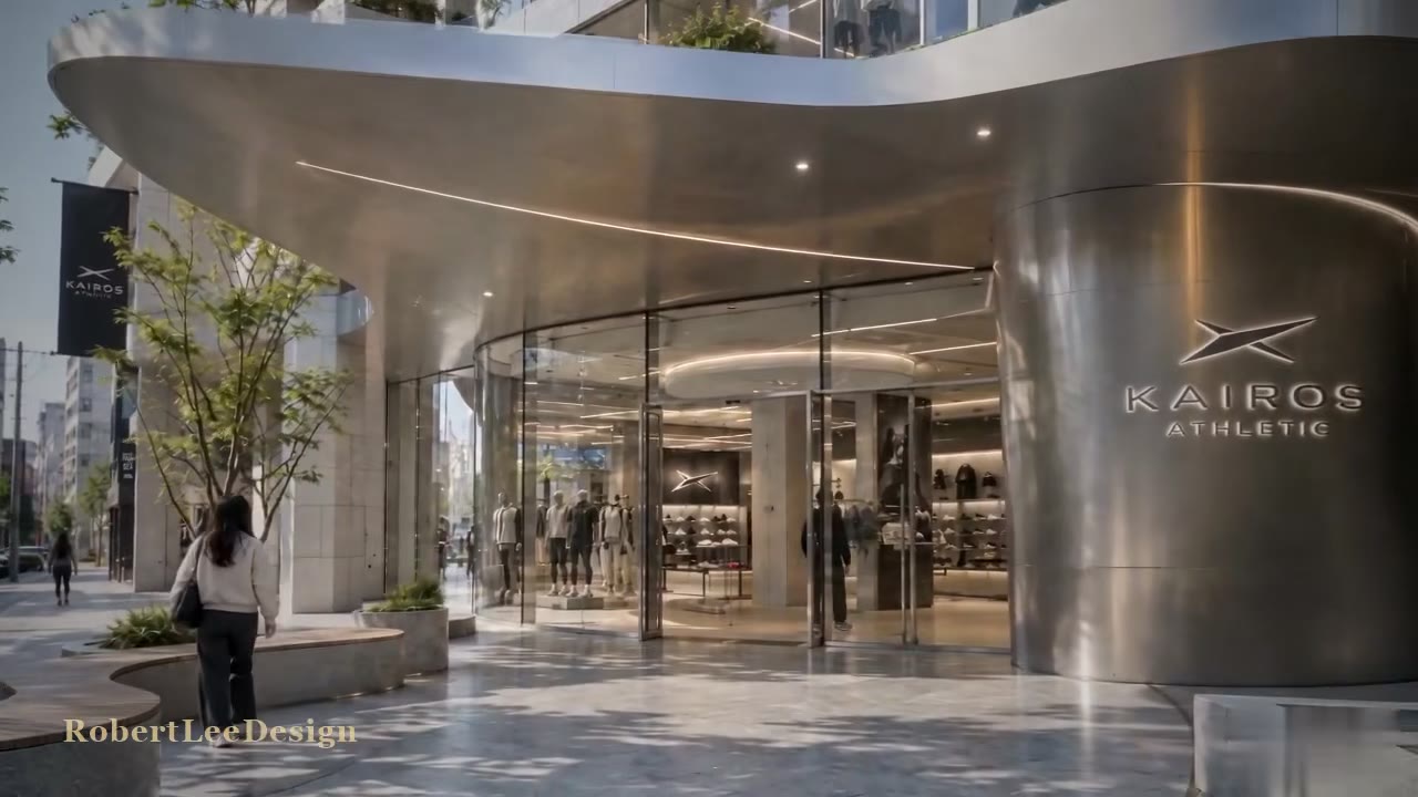KAIROS Athletic flagship store with a curved metal facade and glass frontage