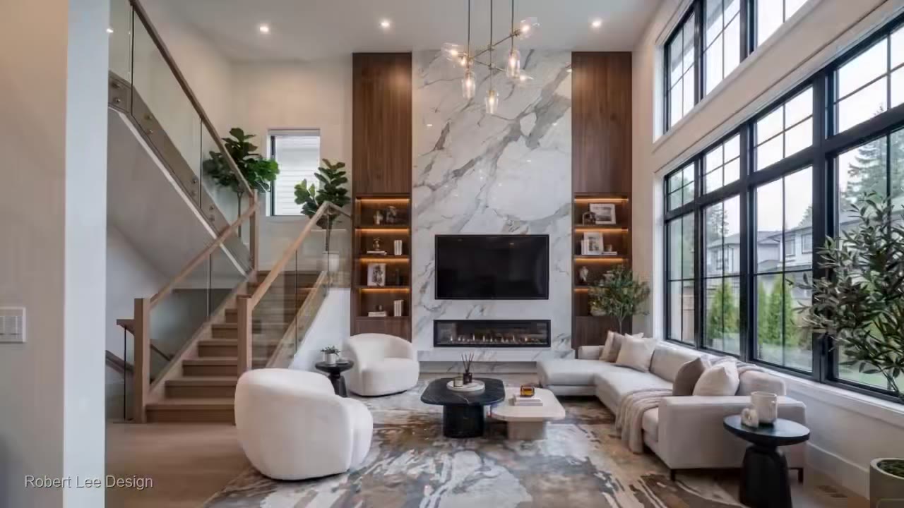 Double-height living room with a marble feature wall, glass-railed staircase and full-height windows
