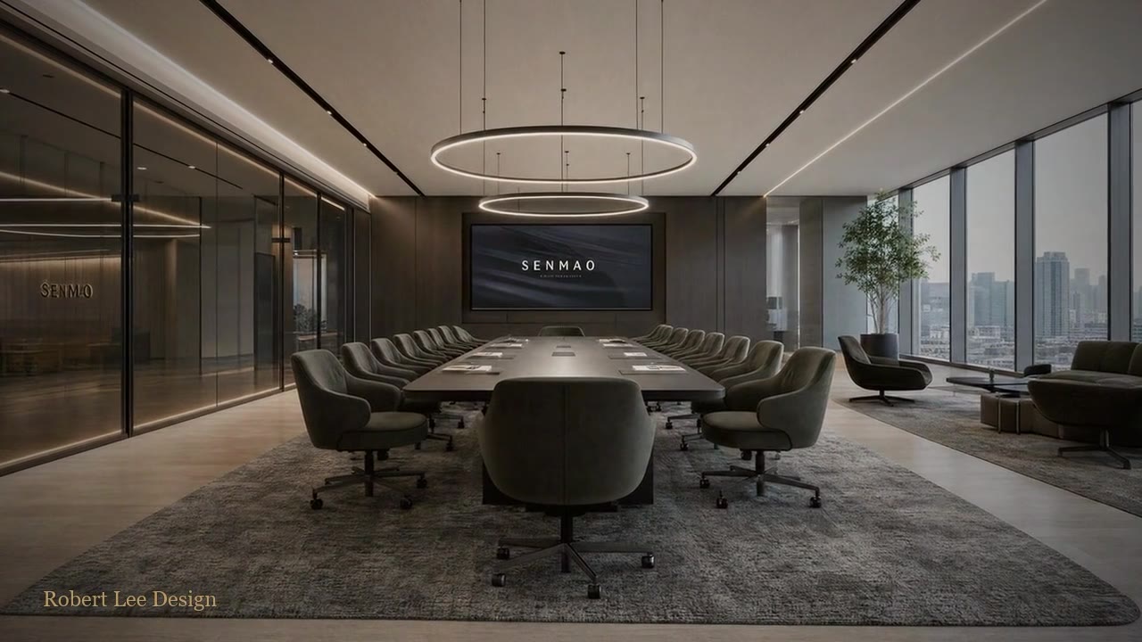 TRANSEO Global Wealth headquarters boardroom with a long table, ring pendant light and city views