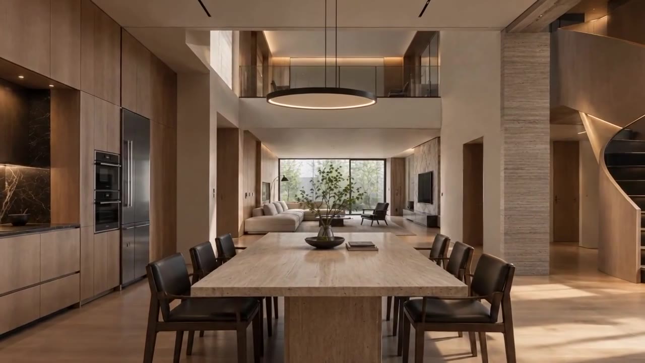 Warm timber open-plan kitchen and dining space with a sweeping staircase