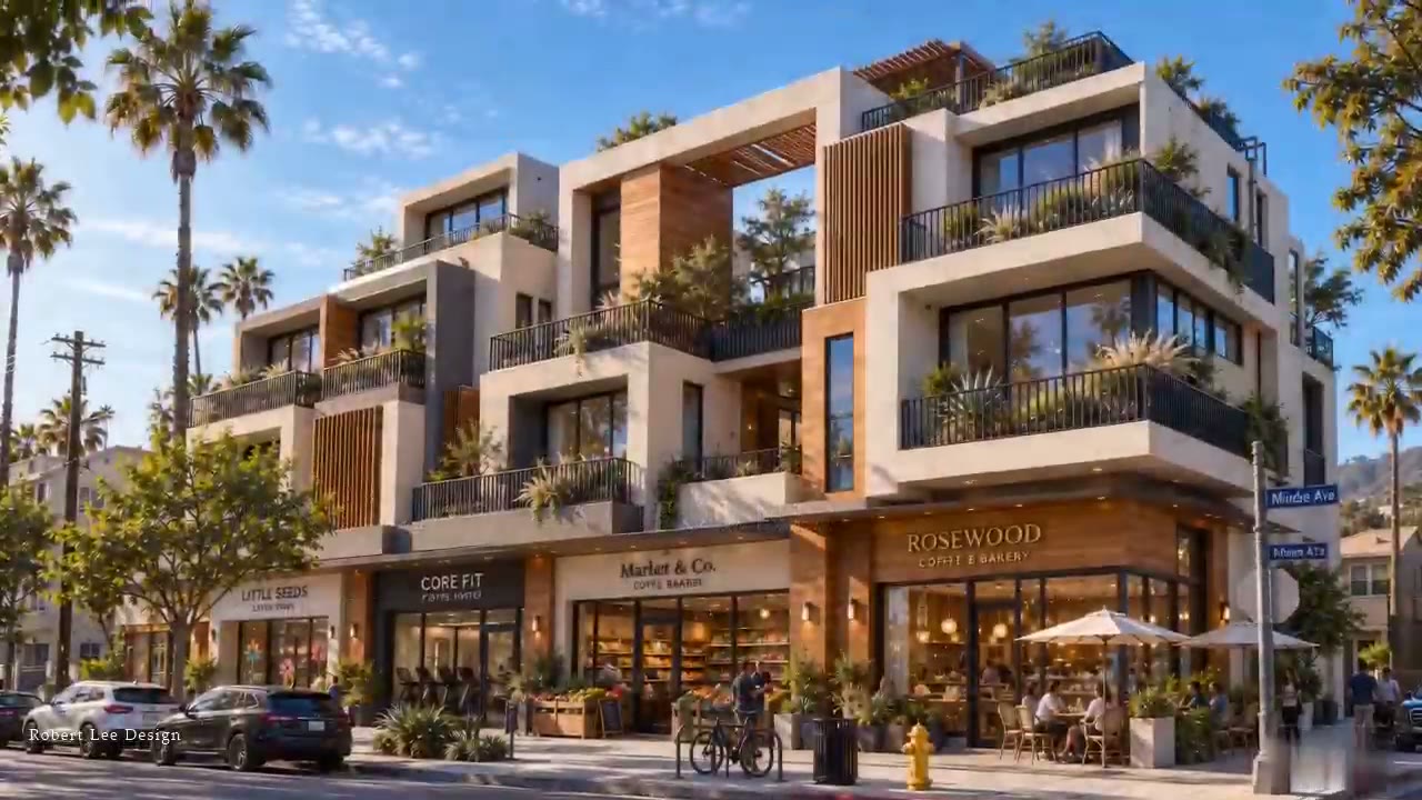 Las Terrazas mixed-use building in California with planted terraces above street-level shops and a café