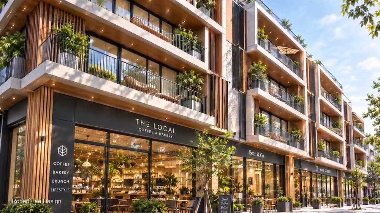 Arbor Terraces mixed-use development in Thailand with greenery-covered balconies and ground-floor retail