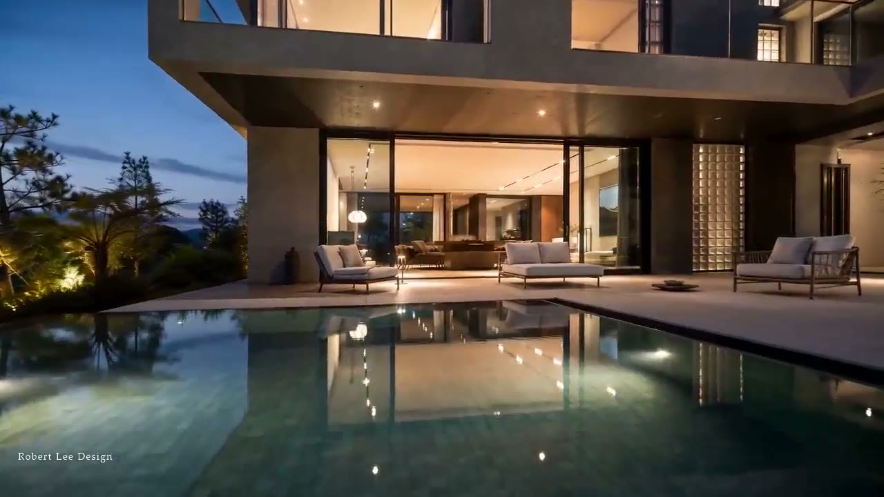 Grand Lanshan villa in China at dusk, its glass facade reflected in a still pool