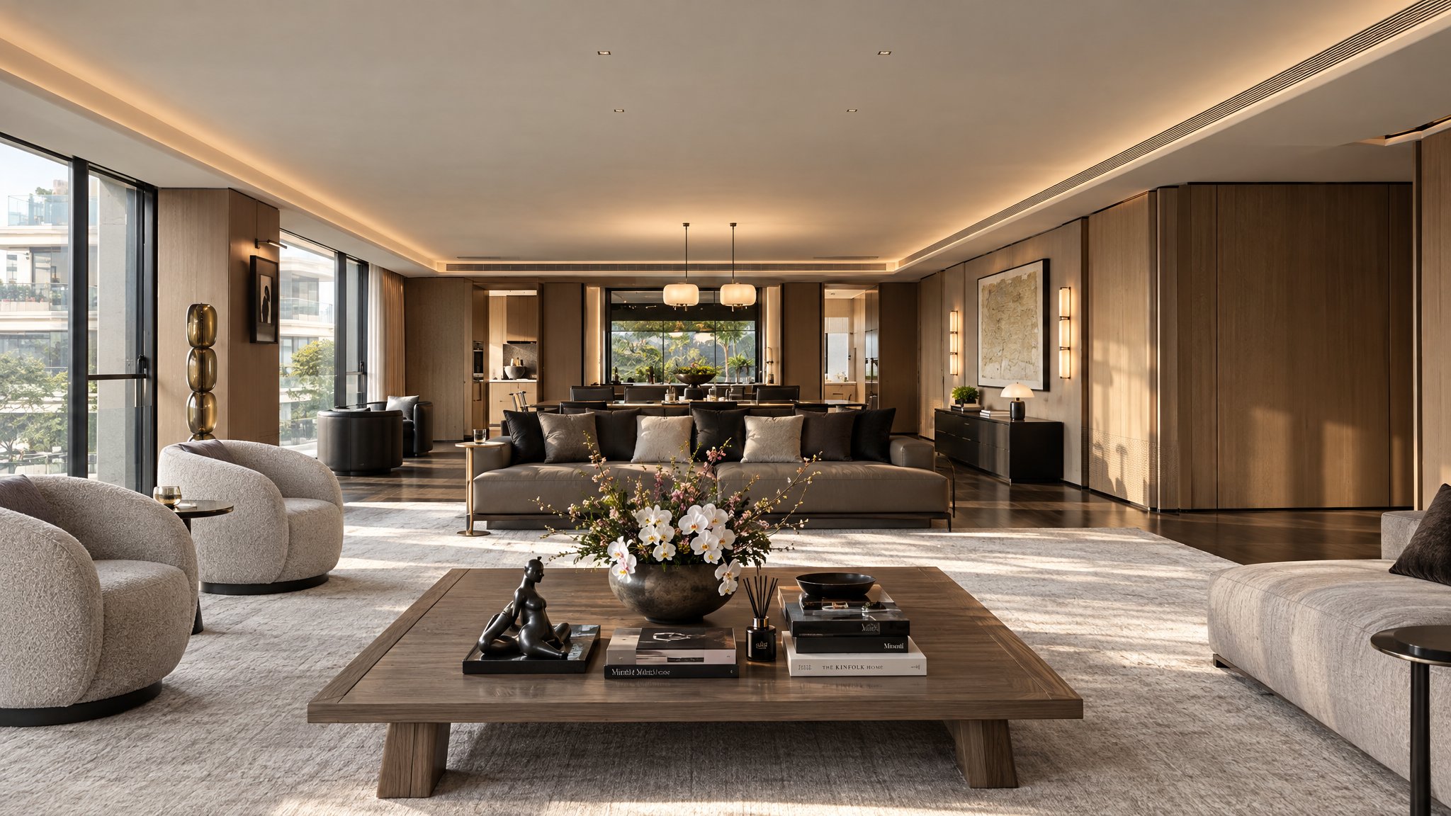 Villa Serena living room: boucle armchairs, a low timber coffee table with orchids, and oak-panelled walls