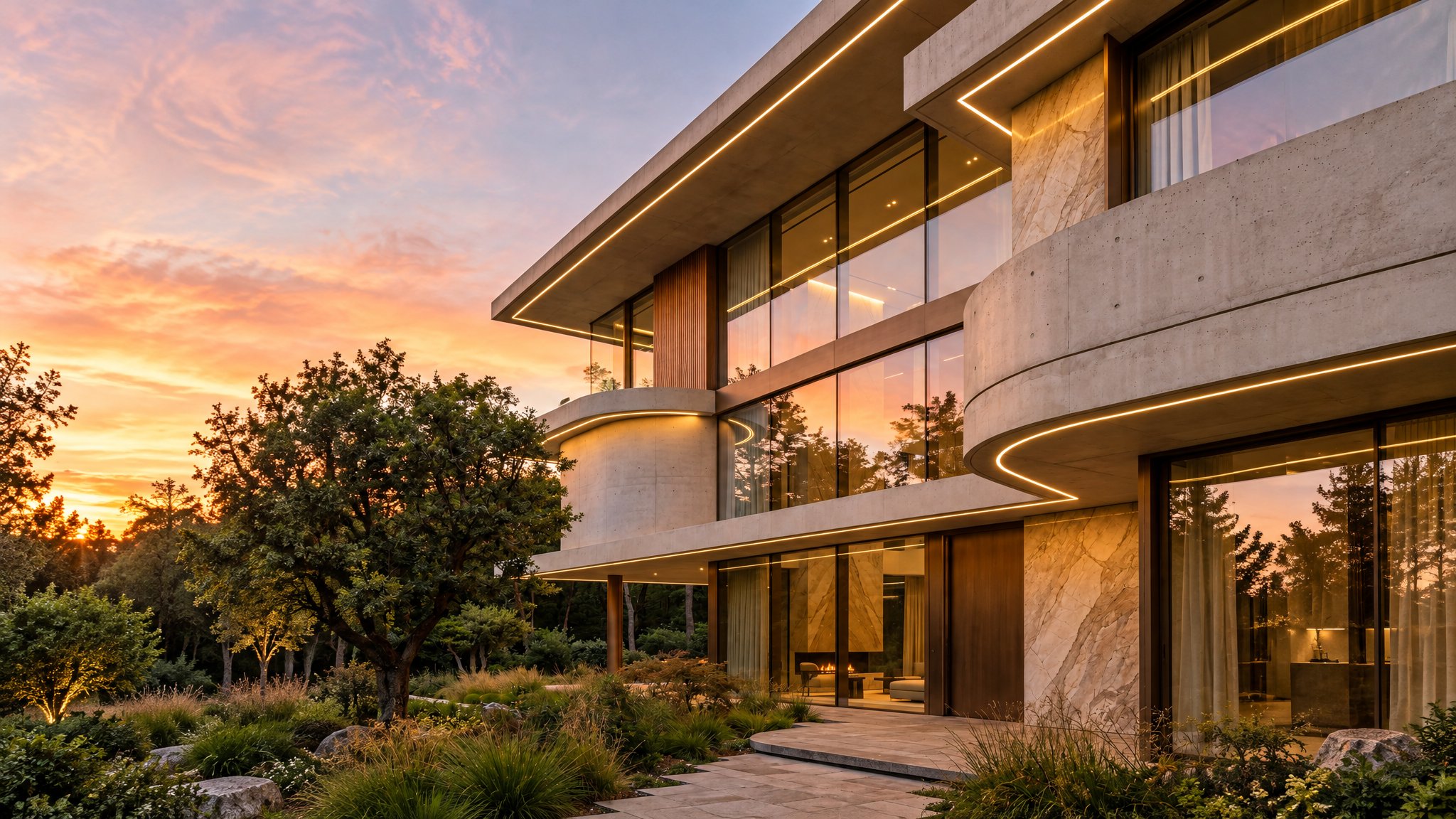 Taishan Yiyue Villa Retreat at dusk: curved board-marked concrete balconies traced with linear lighting, marble cladding and full-height glass above a landscaped garden at sunset